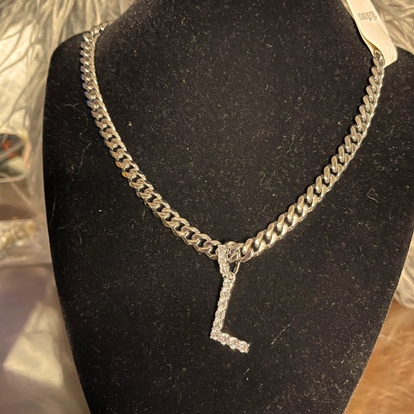 FASHION JEWELRY SILVER LETTER NECKLACE WOMEN STAINLESS STEEL RHINESTONE PENDANT - Picture 9 of 10